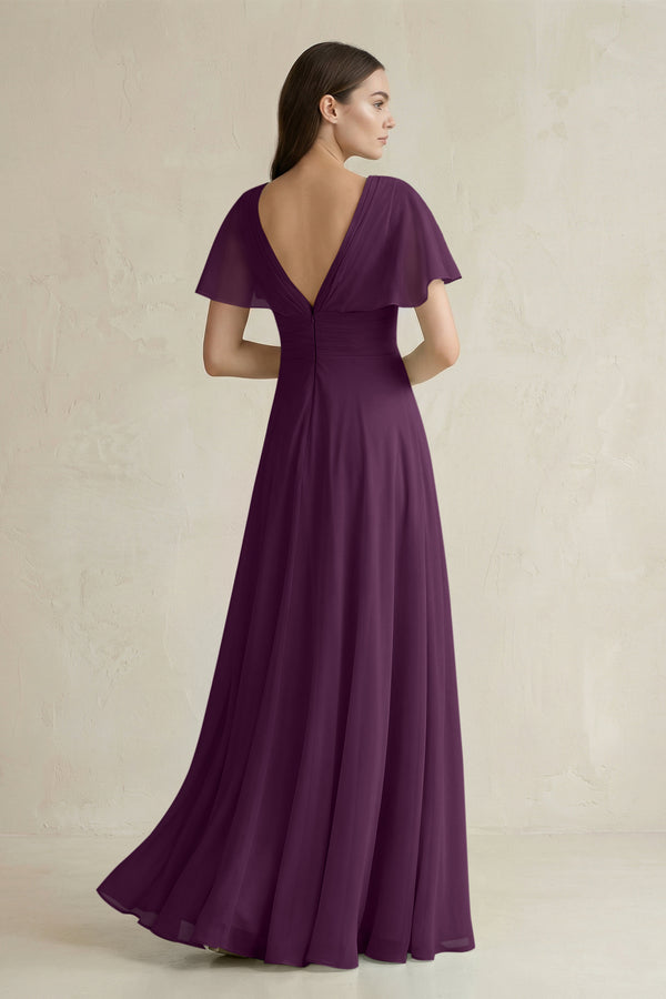 Fig V-Neck Ruffled Sleeve A-Line Chiffon Bridesmaid Dress (2) | KISSBRIDAL