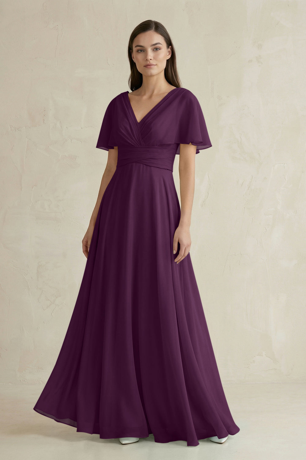 V-Neck Ruffled Sleeve A-Line Chiffon Bridesmaid Dress in Fig