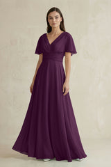 Fig V-Neck Ruffled Sleeve A-Line Chiffon Bridesmaid Dress | KISSBRIDAL