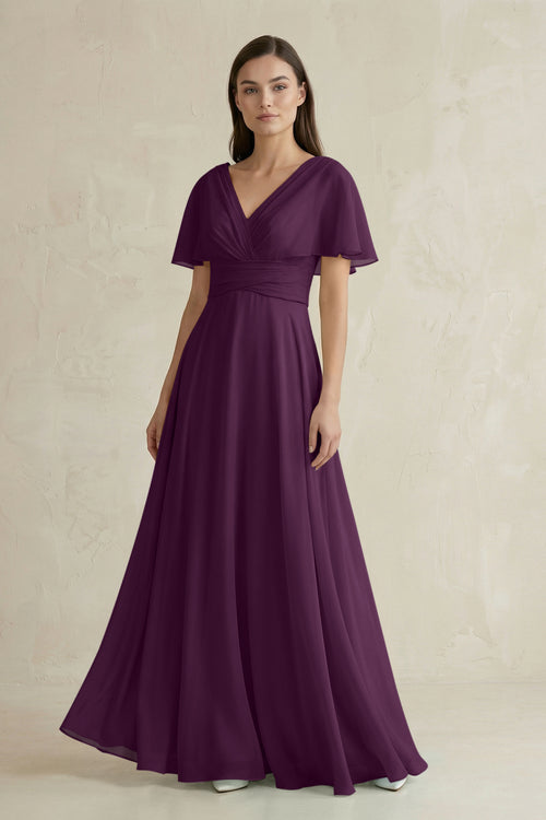Fig V-Neck Ruffled Sleeve A-Line Chiffon Bridesmaid Dress | KISSBRIDAL