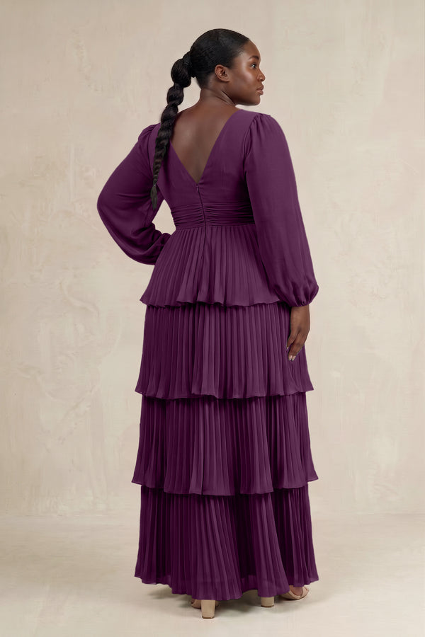 Fig V-Neck Tiered A-Line Long Sleeve Bridesmaid Dress (2) [sizeplus] | KISSBRIDAL