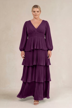 Fig V-Neck Tiered A-Line Long Sleeve Bridesmaid Dress (3) [sizeplus] | KISSBRIDAL