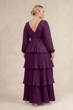 Fig V-Neck Tiered A-Line Long Sleeve Bridesmaid Dress (4) [sizeplus] | KISSBRIDAL