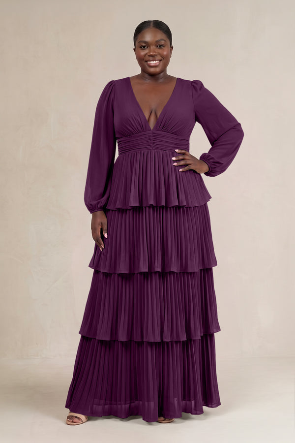Fig V-Neck Tiered A-Line Long Sleeve Bridesmaid Dress [sizeplus] | KISSBRIDAL