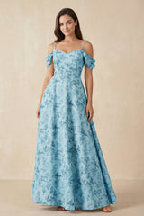 Floral Chiffon Off - the - Shoulder A - Line Bridesmaid Dress in Adriatic Blue - KISS BRIDAL Bridesmaid Dresses