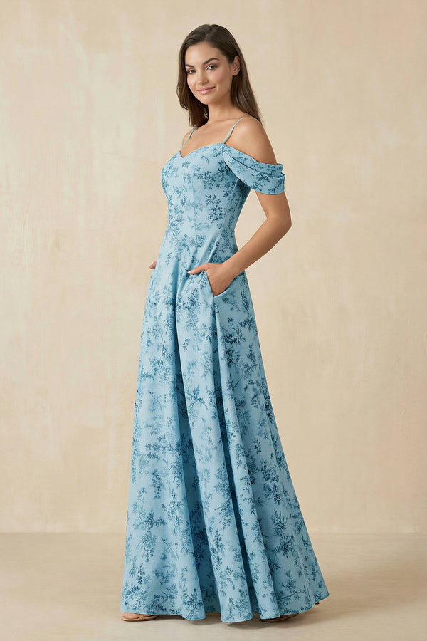 Floral Chiffon Off - the - Shoulder A - Line Bridesmaid Dress in Adriatic Blue - SHE IS ME Bridesmaid Dresses