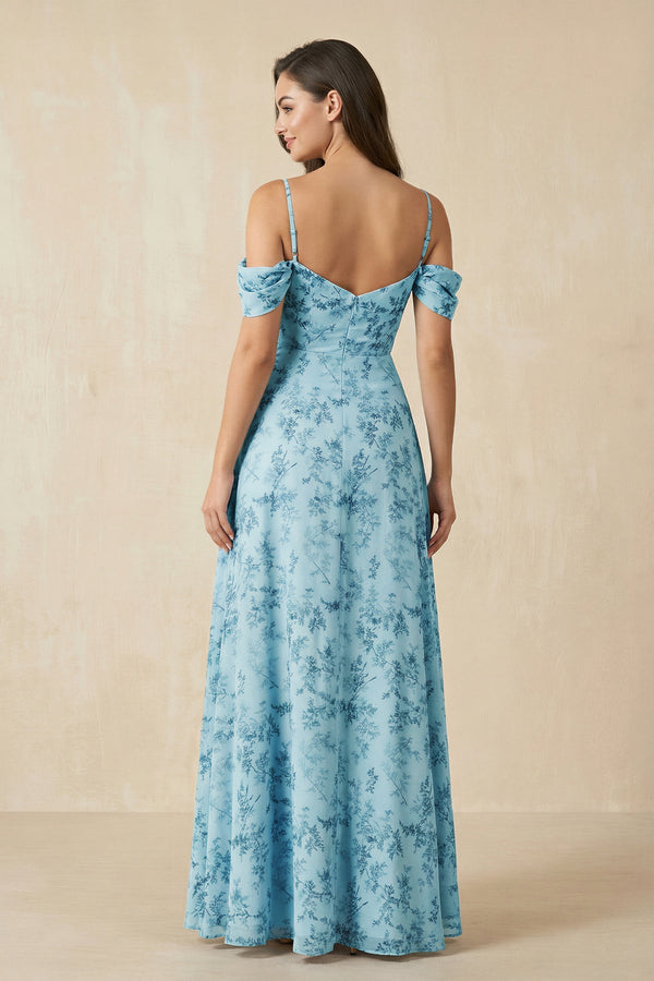 Floral Chiffon Off - the - Shoulder A - Line Bridesmaid Dress in Adriatic Blue - SHE IS ME Bridesmaid Dresses