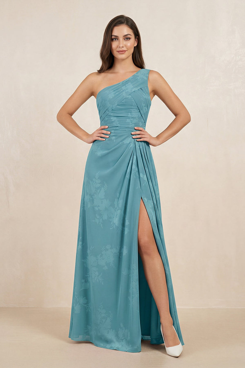 Floral Printed One - Shoulder A - Line Chiffon Bridesmaid Dress in Adriatic Blue - KISS BRIDAL Bridesmaid Dresses