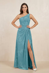 Floral Printed One - Shoulder A - Line Chiffon Bridesmaid Dress in Adriatic Blue - KISS BRIDAL Bridesmaid Dresses