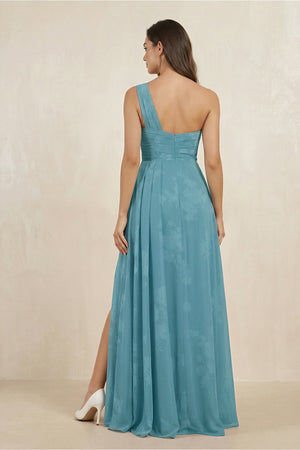 Floral Printed One - Shoulder A - Line Chiffon Bridesmaid Dress in Adriatic Blue - KISS BRIDAL Bridesmaid Dresses