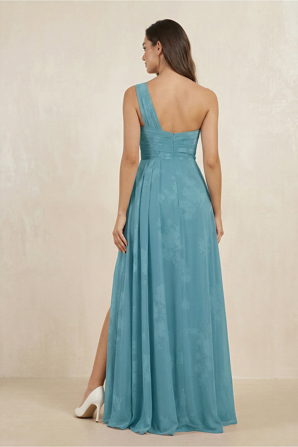 Floral Printed One - Shoulder A - Line Chiffon Bridesmaid Dress in Adriatic Blue - KISS BRIDAL Bridesmaid Dresses