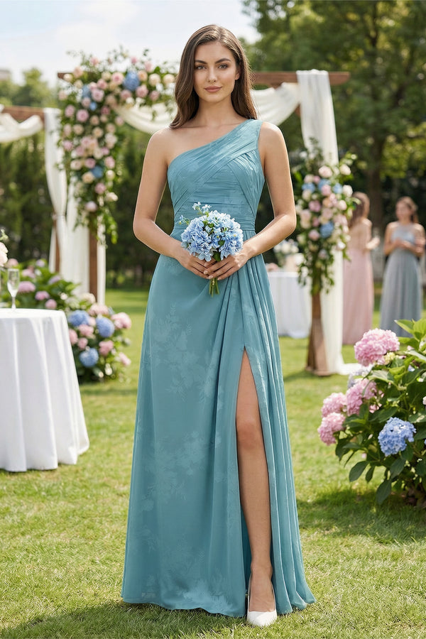 Floral Printed One - Shoulder A - Line Chiffon Bridesmaid Dress in Adriatic Blue - KISS BRIDAL Bridesmaid Dresses