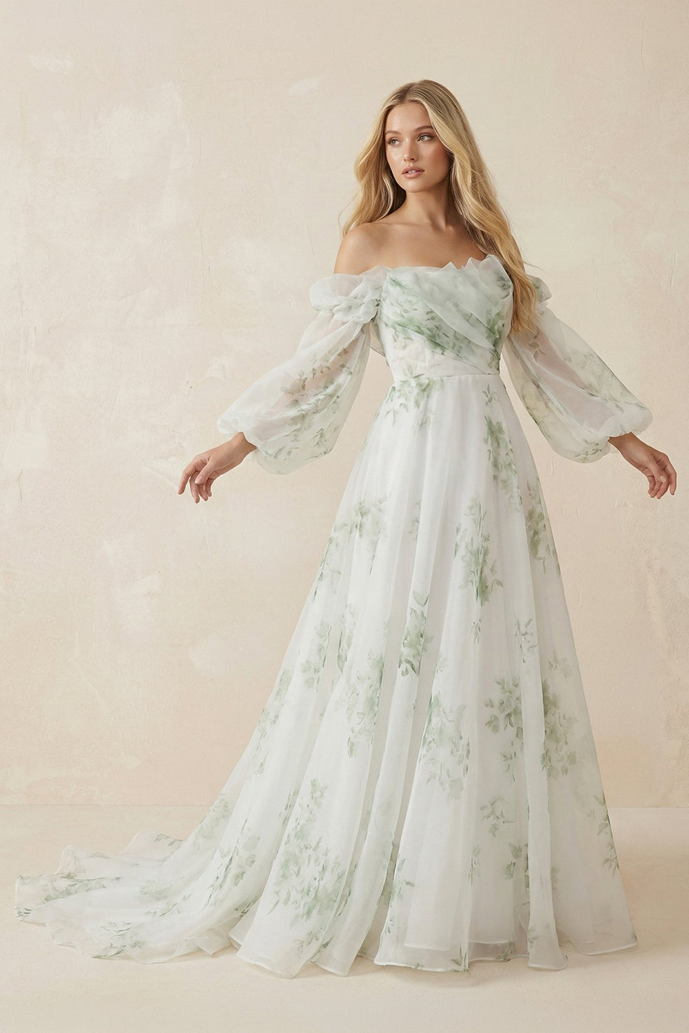 Floral Printed Organza A - Line Off - the - Shoulder Wedding Dress in White - KISS BRIDAL Wedding Dresses
