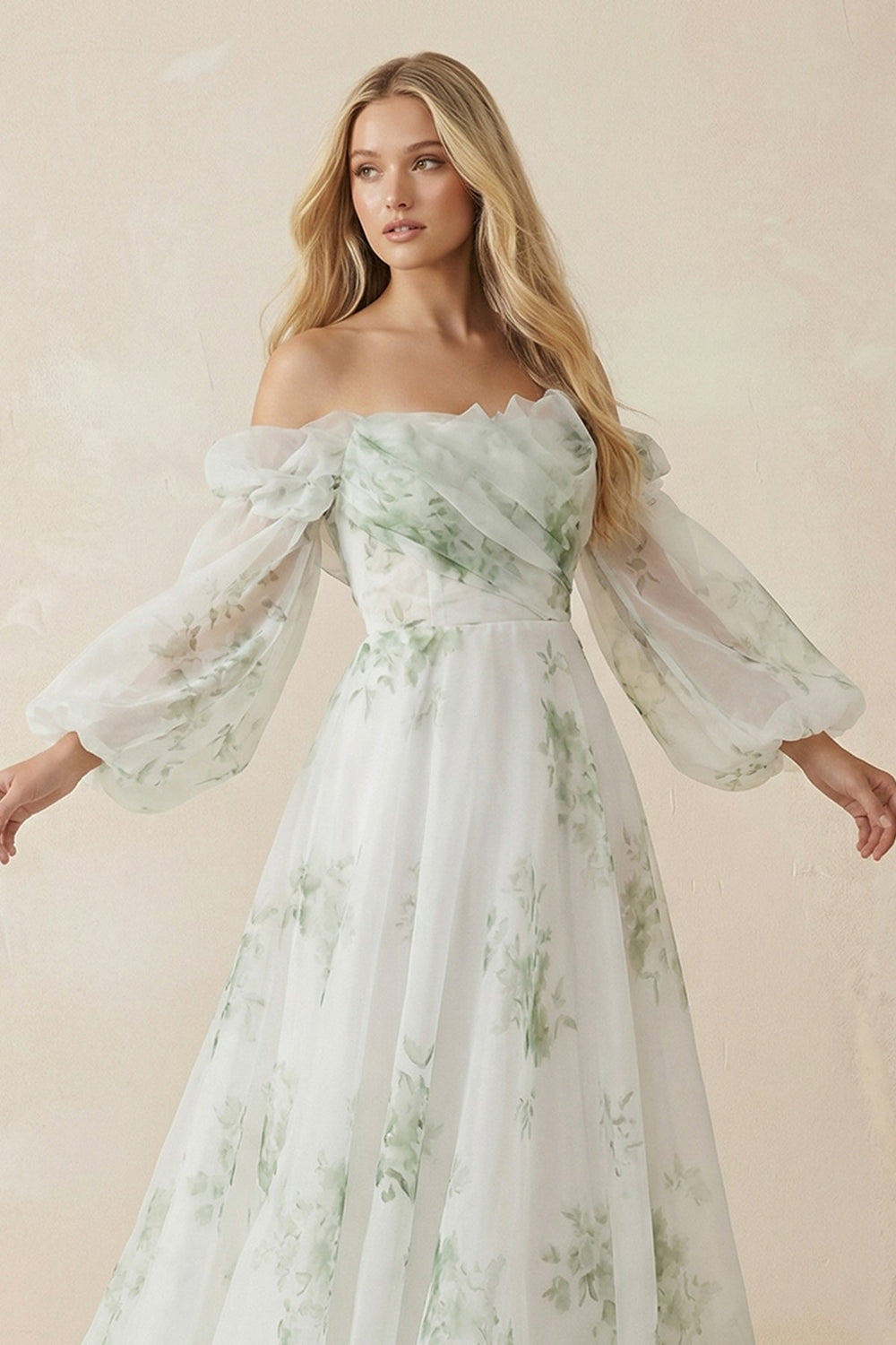 Floral Printed Organza A - Line Off - the - Shoulder Wedding Dress in White - KISS BRIDAL Wedding Dresses
