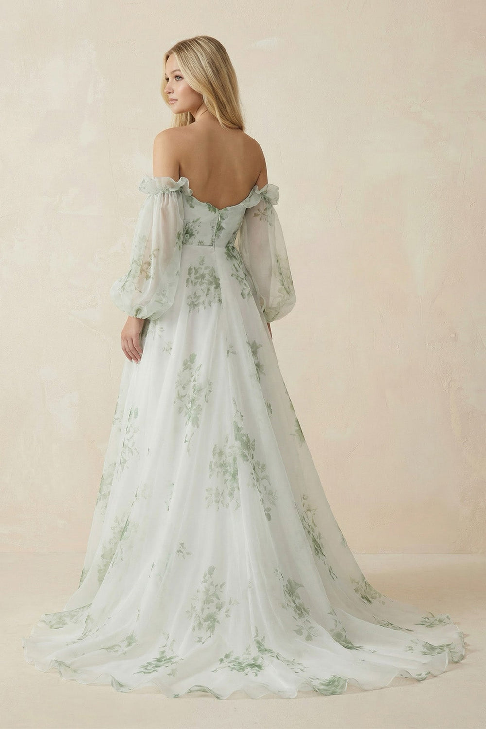 Floral Printed Organza A - Line Off - the - Shoulder Wedding Dress in White - KISS BRIDAL Wedding Dresses