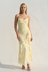 Floral Ruffled Midi Dress in Yellow - KISSBRIDAL