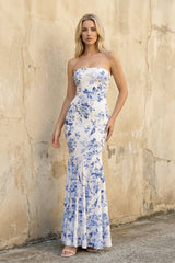 Floral Strapless Mermaid Prom Dress in Blue - KISS BRIDAL Prom Dresses