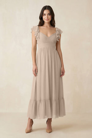 Flutter Sleeve Sweetheart A - Line Chiffon Bridesmaid Dress in Almond - SHE IS ME Bridesmaid Dresses