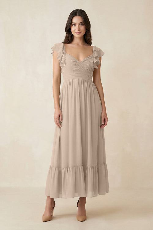 Flutter Sleeve Sweetheart A - Line Chiffon Bridesmaid Dress in Almond - SHE IS ME Bridesmaid Dresses