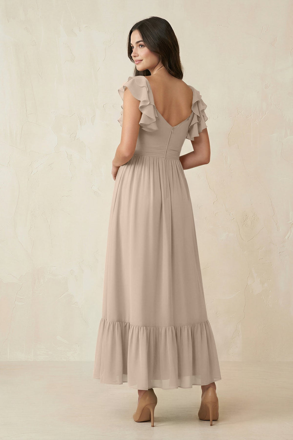 Flutter Sleeve Sweetheart A - Line Chiffon Bridesmaid Dress in Almond - KISS BRIDAL Bridesmaid Dresses