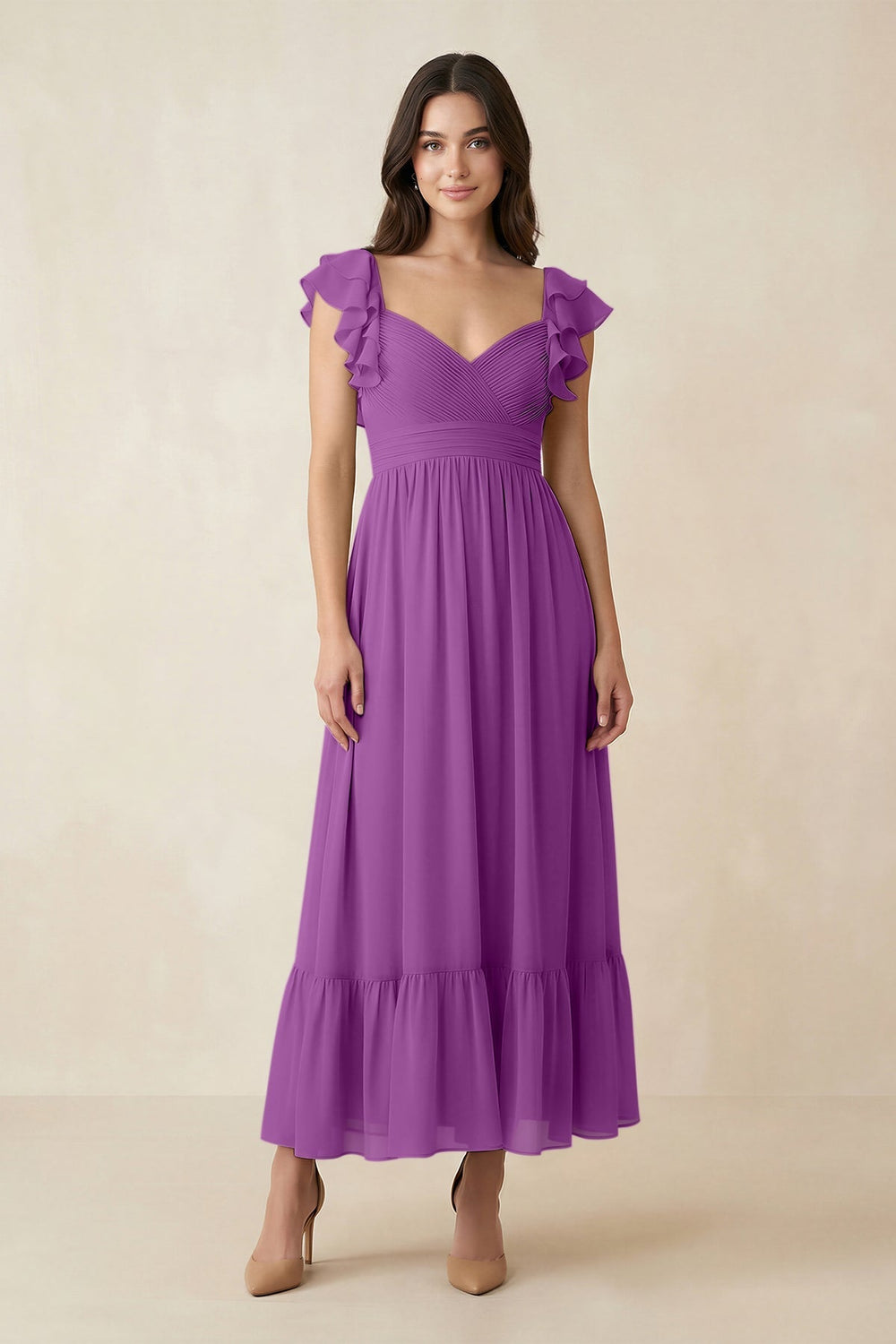 Flutter Sleeve Sweetheart A - Line Chiffon Bridesmaid Dress in Amethyst - KISS BRIDAL Bridesmaid Dresses