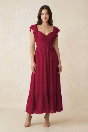 Flutter Sleeve Sweetheart A - Line Chiffon Bridesmaid Dress in Berry - SHE IS ME Bridesmaid Dresses