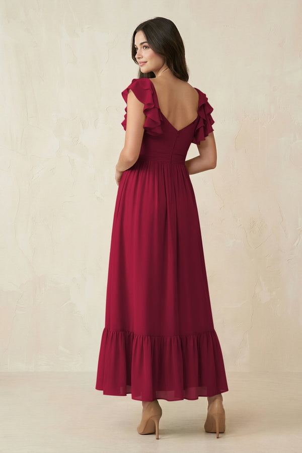 Flutter Sleeve Sweetheart A - Line Chiffon Bridesmaid Dress in Berry - SHE IS ME Bridesmaid Dresses