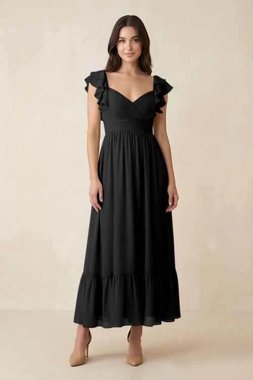 Flutter Sleeve Sweetheart A - Line Chiffon Bridesmaid Dress in Black - SHE IS ME Bridesmaid Dresses
