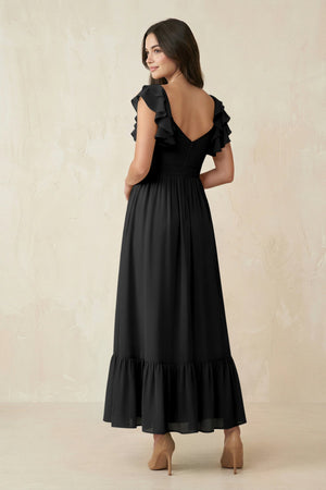 Flutter Sleeve Sweetheart A - Line Chiffon Bridesmaid Dress in Black - SHE IS ME Bridesmaid Dresses