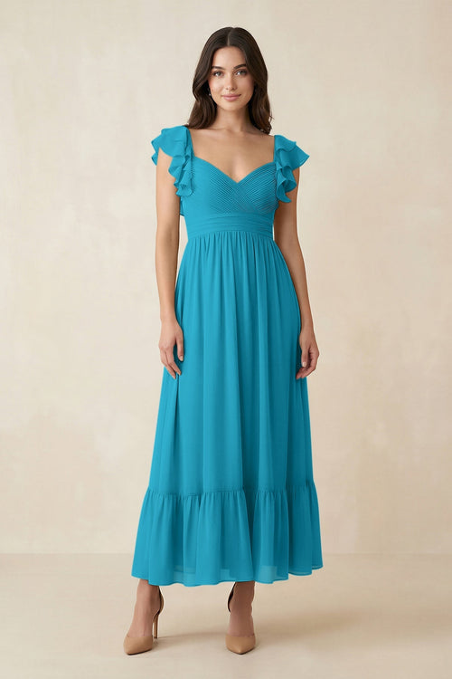 Flutter Sleeve Sweetheart A - Line Chiffon Bridesmaid Dress in Blue Jay - SHE IS ME Bridesmaid Dresses