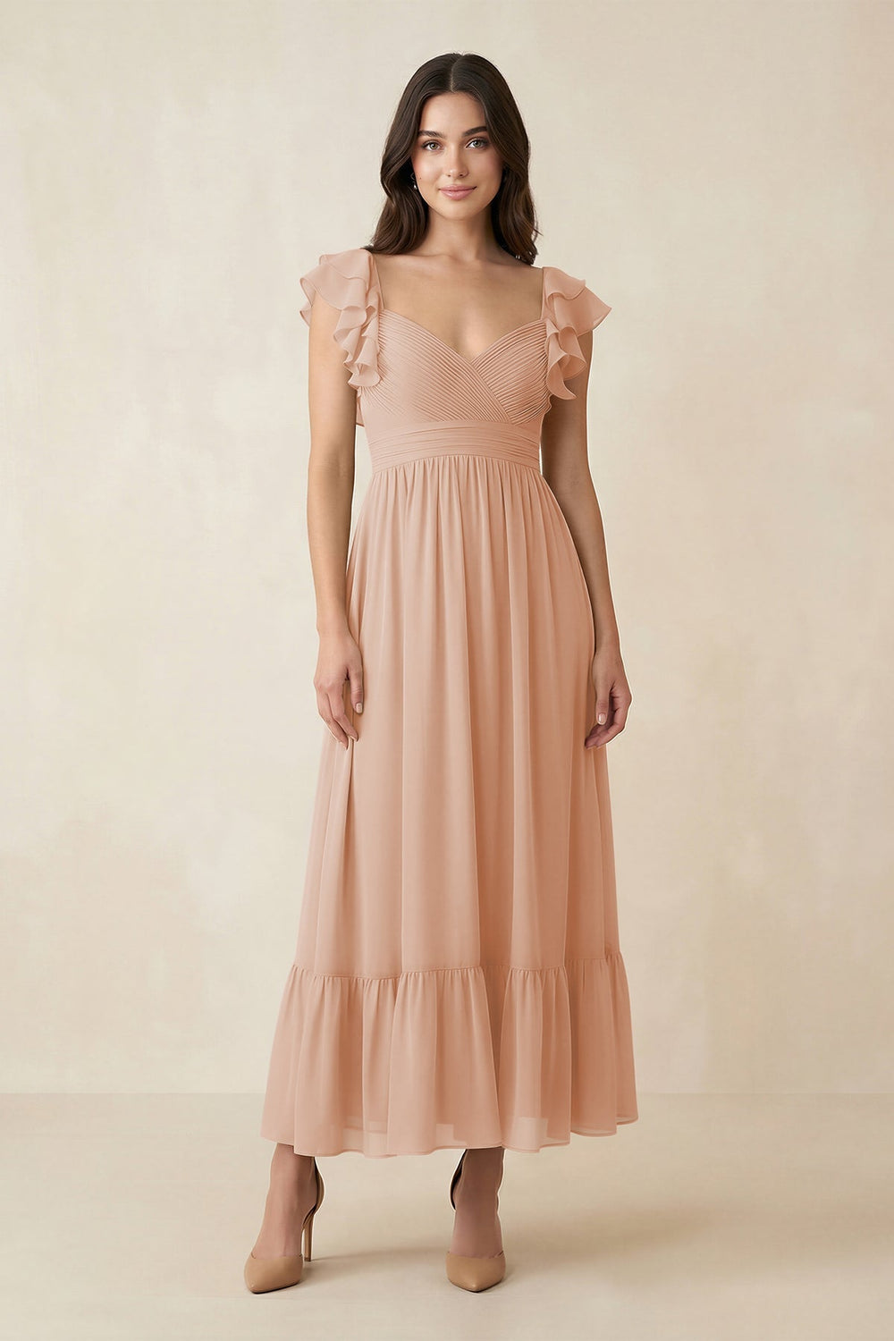 Flutter Sleeve Sweetheart A - Line Chiffon Bridesmaid Dress in Champagne Rose - KISS BRIDAL Bridesmaid Dresses