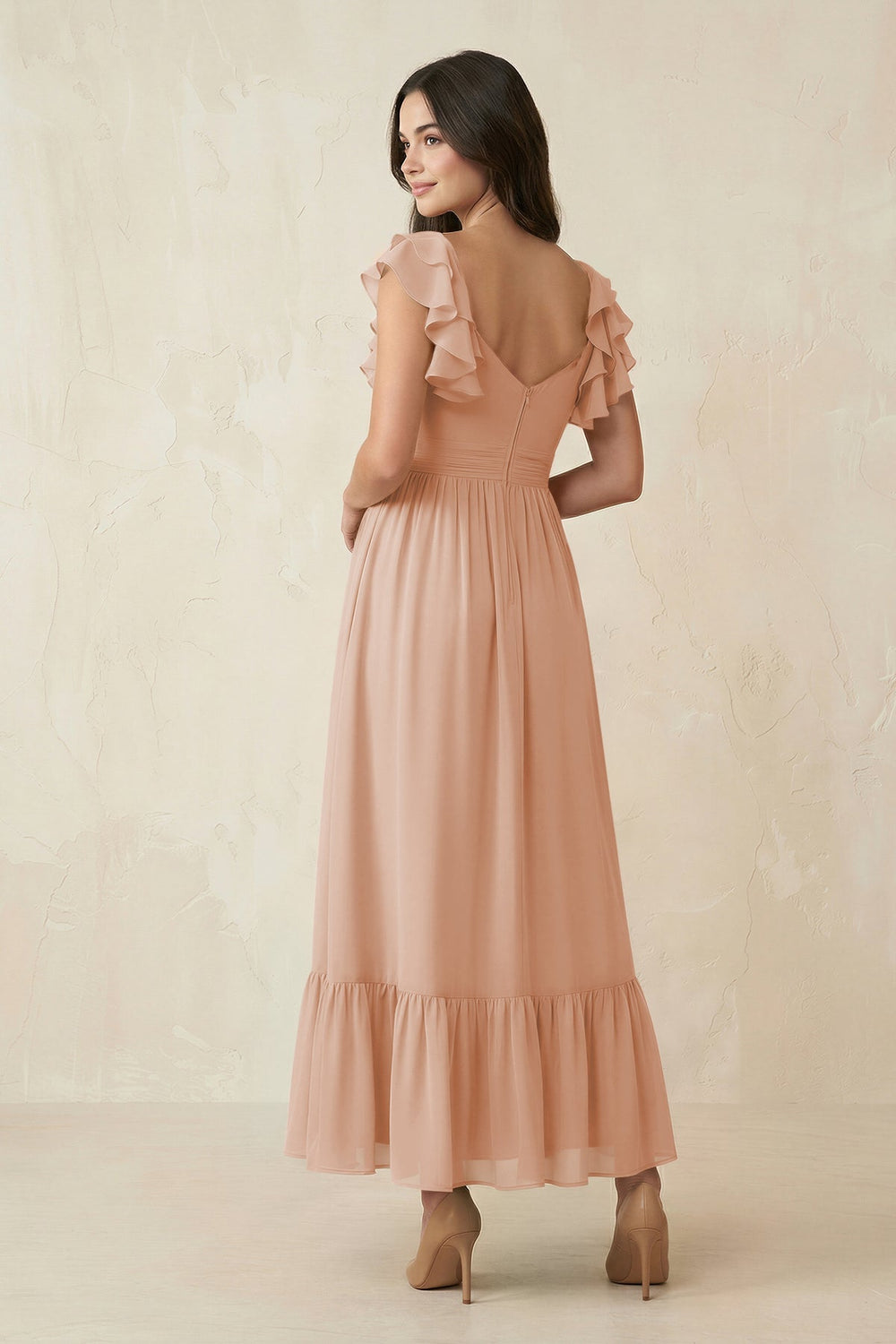 Flutter Sleeve Sweetheart A - Line Chiffon Bridesmaid Dress in Champagne Rose - KISS BRIDAL Bridesmaid Dresses