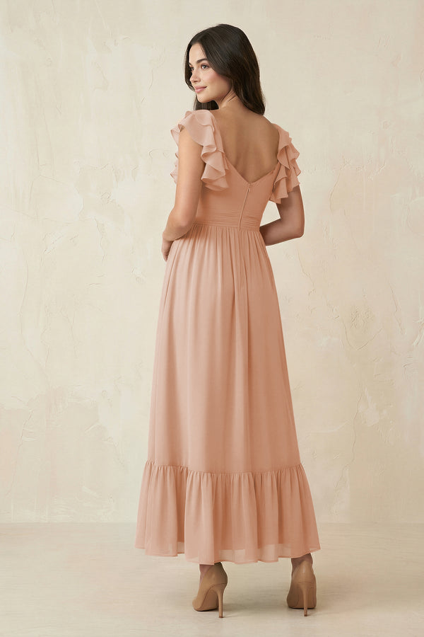 Flutter Sleeve Sweetheart A - Line Chiffon Bridesmaid Dress in Champagne Rose - SHE IS ME Bridesmaid Dresses