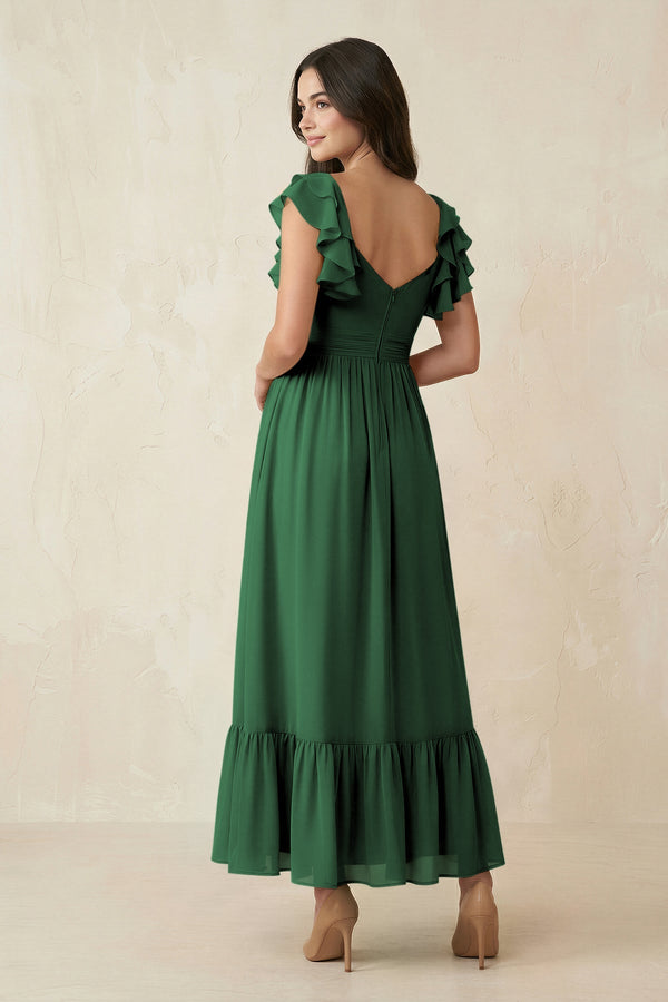 Flutter Sleeve Sweetheart A - Line Chiffon Bridesmaid Dress in Dark Green - SHE IS ME Bridesmaid Dresses
