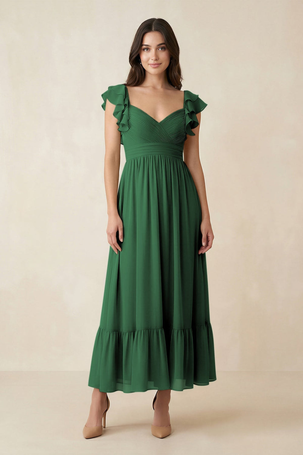 Flutter Sleeve Sweetheart A - Line Chiffon Bridesmaid Dress in Dark Green - KISS BRIDAL Bridesmaid Dresses