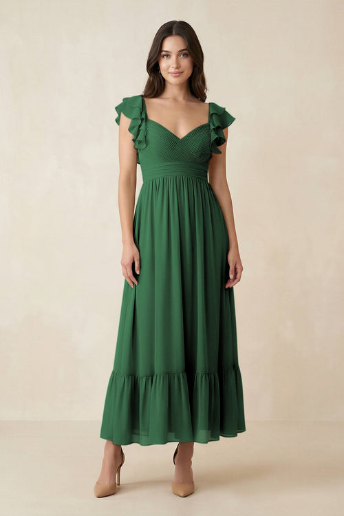 Flutter Sleeve Sweetheart A - Line Chiffon Bridesmaid Dress in Dark Green - SHE IS ME Bridesmaid Dresses