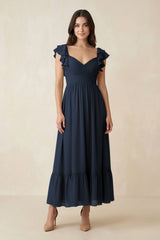 Flutter Sleeve Sweetheart A - Line Chiffon Bridesmaid Dress in Dark Navy - KISS BRIDAL Bridesmaid Dresses