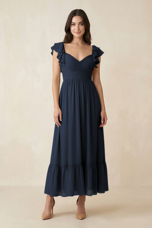 Flutter Sleeve Sweetheart A - Line Chiffon Bridesmaid Dress in Dark Navy - SHE IS ME Bridesmaid Dresses