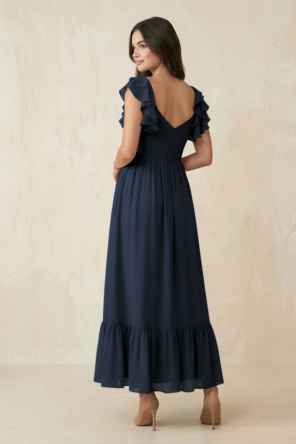 Flutter Sleeve Sweetheart A - Line Chiffon Bridesmaid Dress in Dark Navy - KISS BRIDAL Bridesmaid Dresses