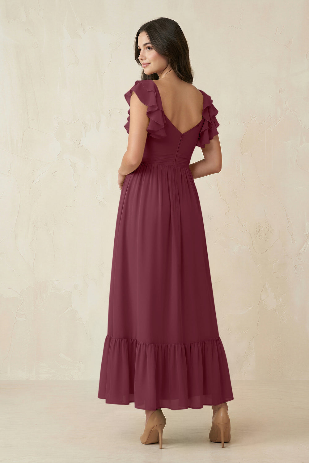 Flutter Sleeve Sweetheart A-Line Chiffon Bridesmaid Dress in Desert Rose