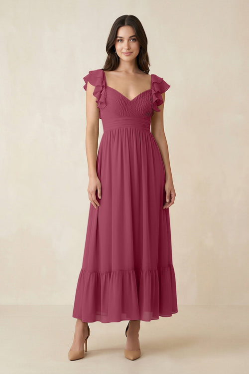 Flutter Sleeve Sweetheart A - Line Chiffon Bridesmaid Dress in Desert Rose - SHE IS ME Bridesmaid Dresses