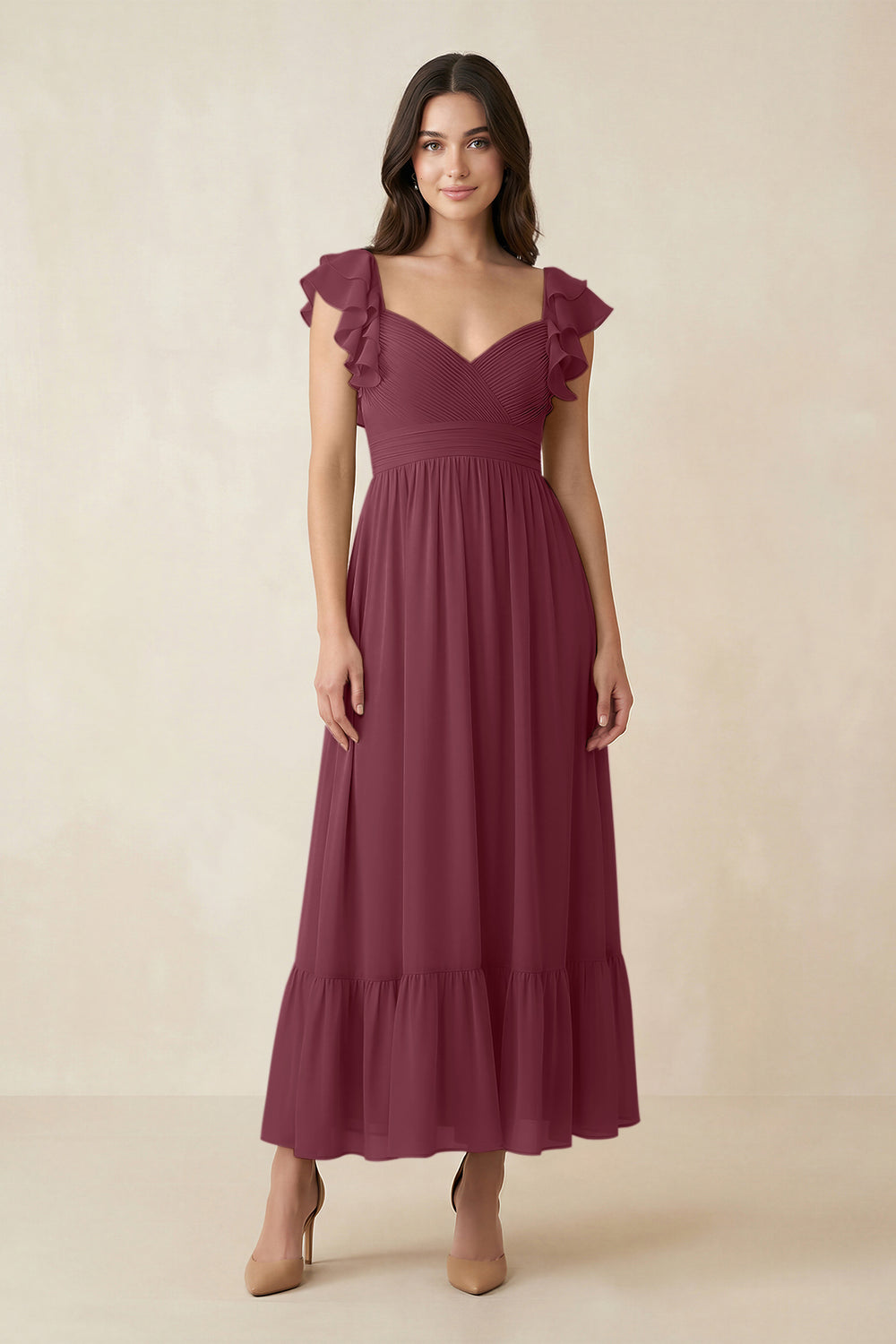 Flutter Sleeve Sweetheart A-Line Chiffon Bridesmaid Dress in Desert Rose