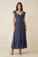 Flutter Sleeve Sweetheart A - Line Chiffon Bridesmaid Dress in Dusk Blue - KISS BRIDAL Bridesmaid Dresses