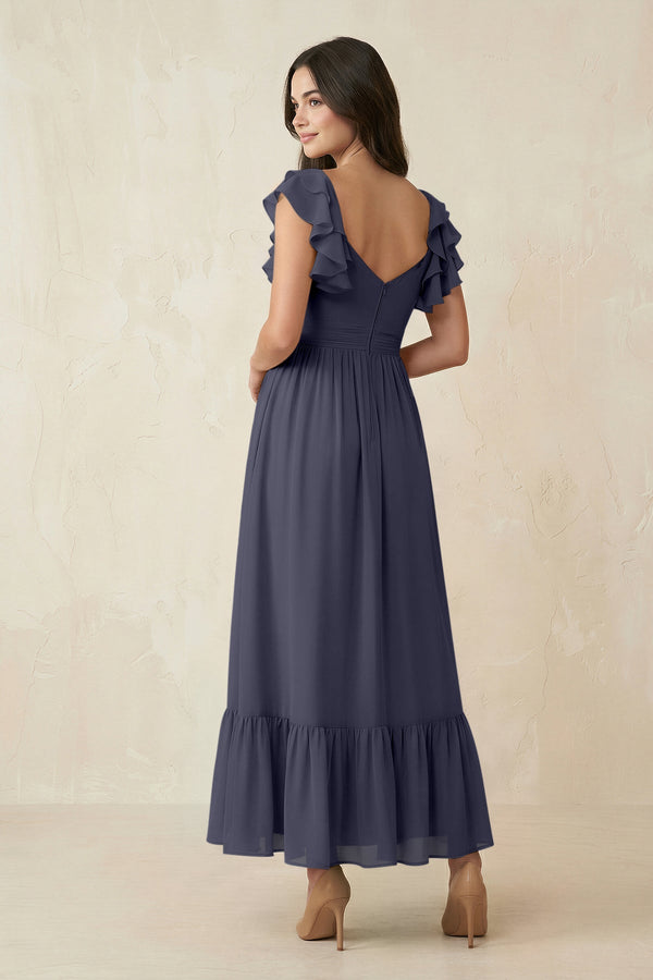 Flutter Sleeve Sweetheart A - Line Chiffon Bridesmaid Dress in Dusk Blue - SHE IS ME Bridesmaid Dresses