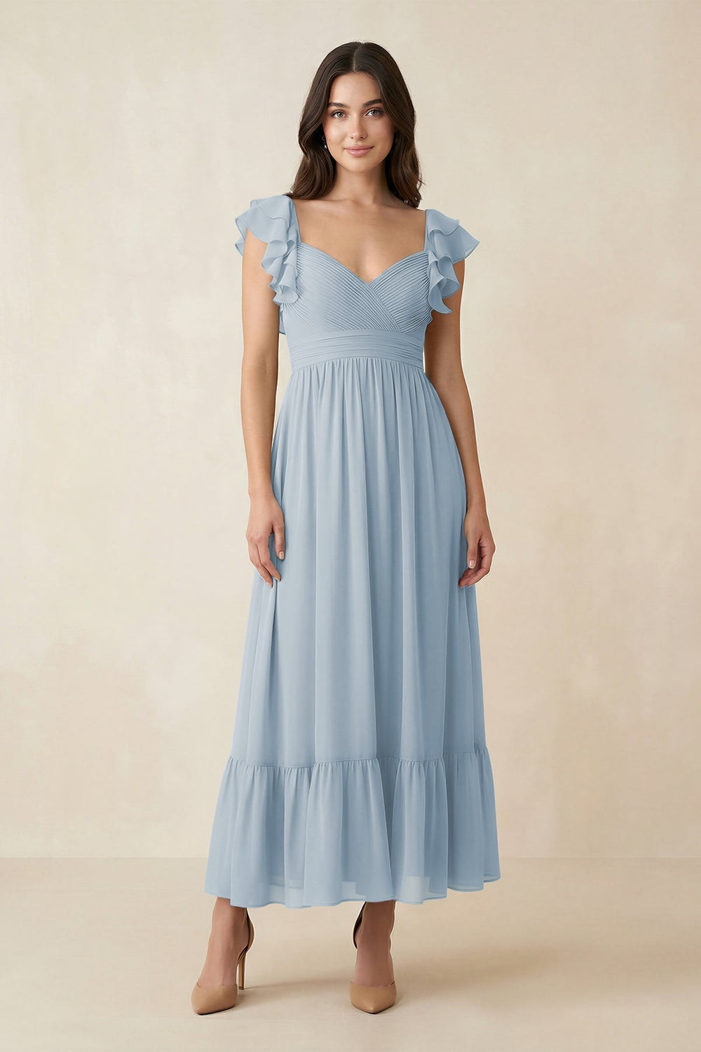 Flutter Sleeve Sweetheart A - Line Chiffon Bridesmaid Dress in Dusty Blue - KISS BRIDAL Bridesmaid Dresses