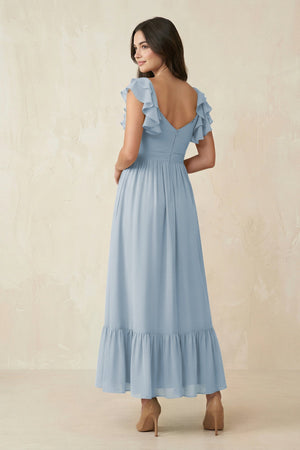 Flutter Sleeve Sweetheart A - Line Chiffon Bridesmaid Dress in Dusty Blue - SHE IS ME Bridesmaid Dresses