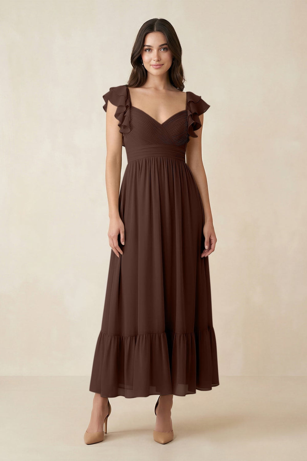 Flutter Sleeve Sweetheart A - Line Chiffon Bridesmaid Dress in Espresso - KISS BRIDAL Bridesmaid Dresses