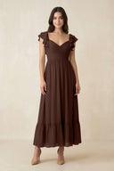 Flutter Sleeve Sweetheart A - Line Chiffon Bridesmaid Dress in Espresso - SHE IS ME Bridesmaid Dresses