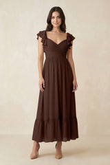 Flutter Sleeve Sweetheart A - Line Chiffon Bridesmaid Dress in Espresso - KISS BRIDAL Bridesmaid Dresses