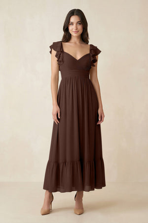 Flutter Sleeve Sweetheart A - Line Chiffon Bridesmaid Dress in Espresso - SHE IS ME Bridesmaid Dresses
